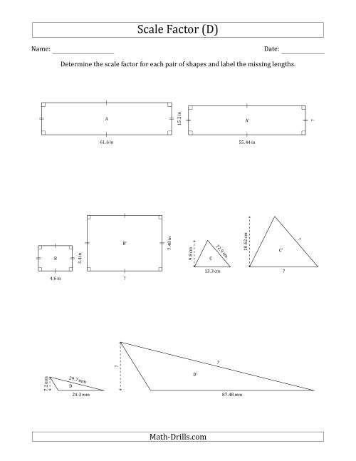 The Determine the Scale Factor Between Two Shapes and Determine the Missing Lengths (Scale Factors in Intervals of 0.1) (D) Math Worksheet