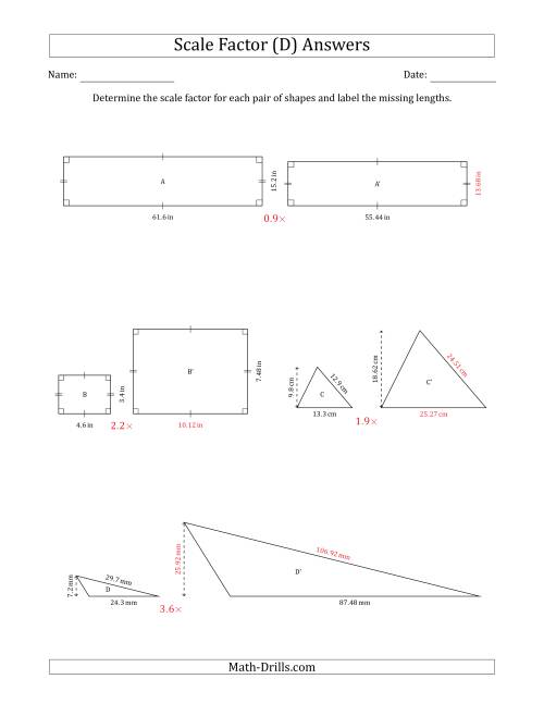 The Determine the Scale Factor Between Two Shapes and Determine the Missing Lengths (Scale Factors in Intervals of 0.1) (D) Math Worksheet Page 2