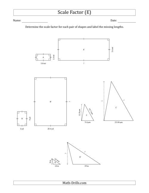 The Determine the Scale Factor Between Two Shapes and Determine the Missing Lengths (Scale Factors in Intervals of 0.1) (E) Math Worksheet