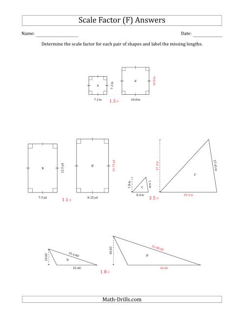 The Determine the Scale Factor Between Two Shapes and Determine the Missing Lengths (Scale Factors in Intervals of 0.1) (F) Math Worksheet Page 2