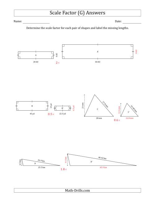 The Determine the Scale Factor Between Two Shapes and Determine the Missing Lengths (Scale Factors in Intervals of 0.1) (G) Math Worksheet Page 2