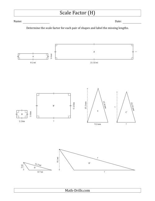 The Determine the Scale Factor Between Two Shapes and Determine the Missing Lengths (Scale Factors in Intervals of 0.1) (H) Math Worksheet