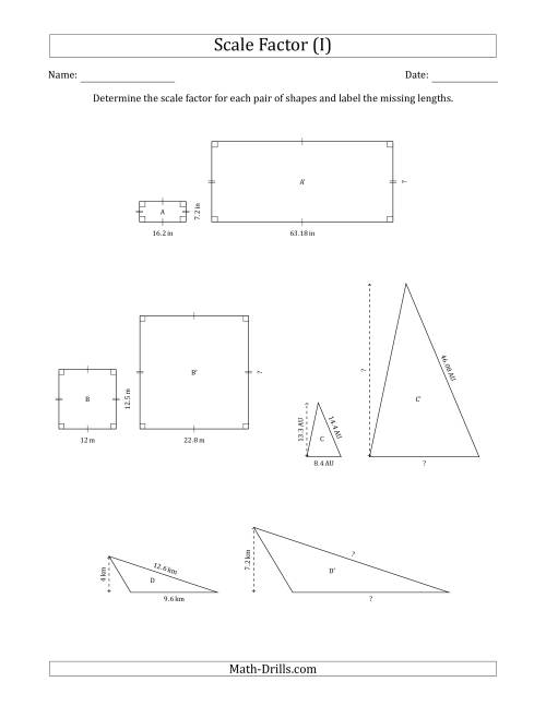 The Determine the Scale Factor Between Two Shapes and Determine the Missing Lengths (Scale Factors in Intervals of 0.1) (I) Math Worksheet