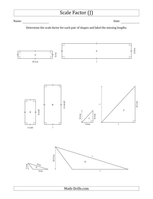 The Determine the Scale Factor Between Two Shapes and Determine the Missing Lengths (Scale Factors in Intervals of 0.1) (J) Math Worksheet