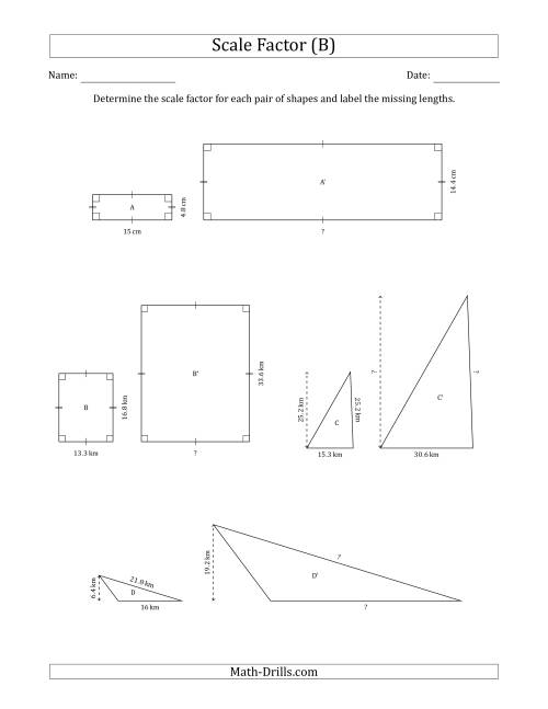 The Determine the Scale Factor Between Two Shapes and Determine the Missing Lengths (Whole Number Scale Factors) (B) Math Worksheet