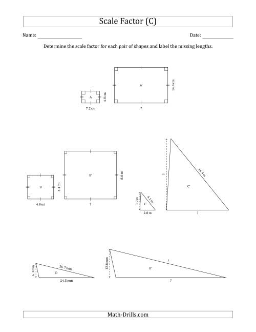 The Determine the Scale Factor Between Two Shapes and Determine the Missing Lengths (Whole Number Scale Factors) (C) Math Worksheet