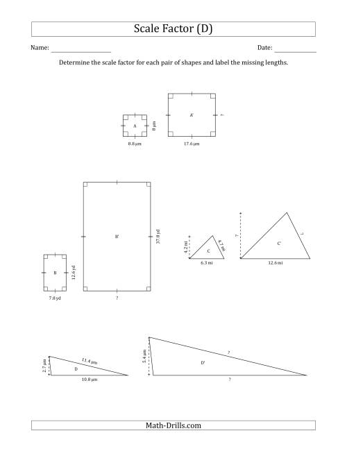 The Determine the Scale Factor Between Two Shapes and Determine the Missing Lengths (Whole Number Scale Factors) (D) Math Worksheet