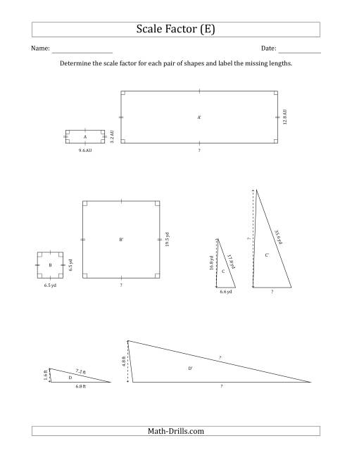 The Determine the Scale Factor Between Two Shapes and Determine the Missing Lengths (Whole Number Scale Factors) (E) Math Worksheet