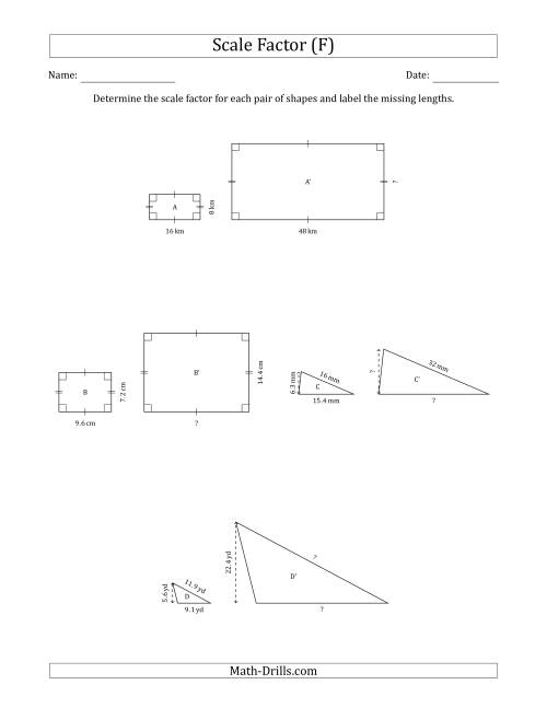 The Determine the Scale Factor Between Two Shapes and Determine the Missing Lengths (Whole Number Scale Factors) (F) Math Worksheet