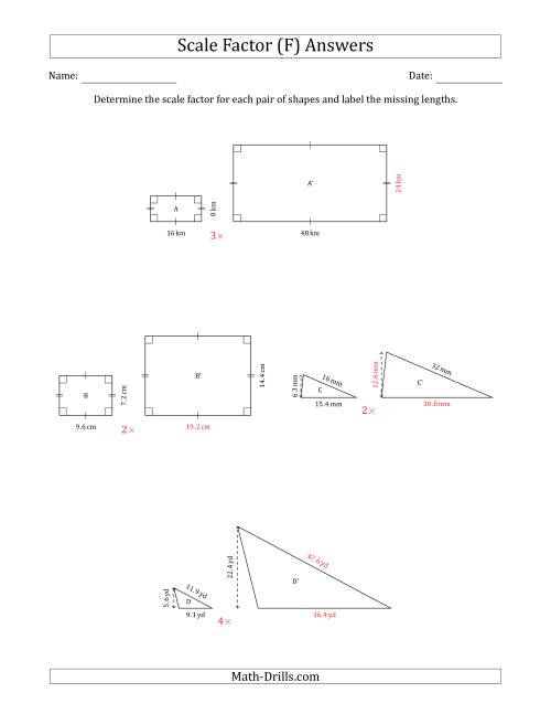 The Determine the Scale Factor Between Two Shapes and Determine the Missing Lengths (Whole Number Scale Factors) (F) Math Worksheet Page 2