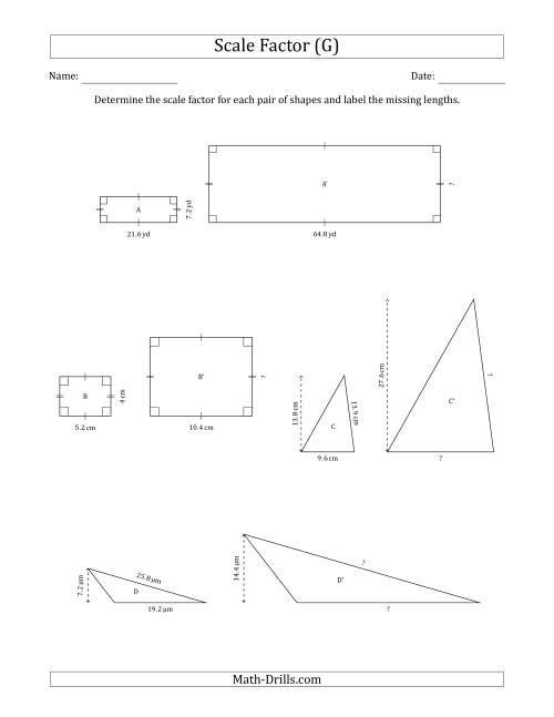 The Determine the Scale Factor Between Two Shapes and Determine the Missing Lengths (Whole Number Scale Factors) (G) Math Worksheet