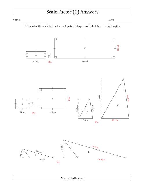 The Determine the Scale Factor Between Two Shapes and Determine the Missing Lengths (Whole Number Scale Factors) (G) Math Worksheet Page 2