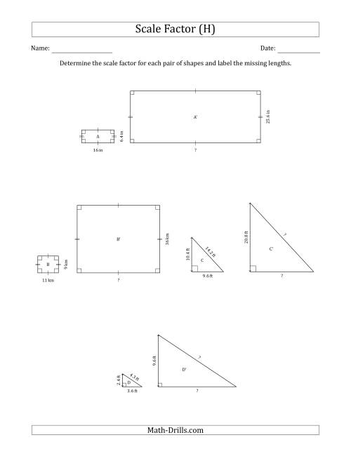The Determine the Scale Factor Between Two Shapes and Determine the Missing Lengths (Whole Number Scale Factors) (H) Math Worksheet