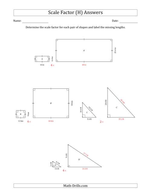 The Determine the Scale Factor Between Two Shapes and Determine the Missing Lengths (Whole Number Scale Factors) (H) Math Worksheet Page 2