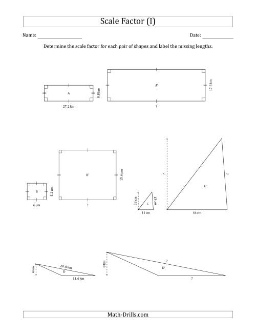 The Determine the Scale Factor Between Two Shapes and Determine the Missing Lengths (Whole Number Scale Factors) (I) Math Worksheet