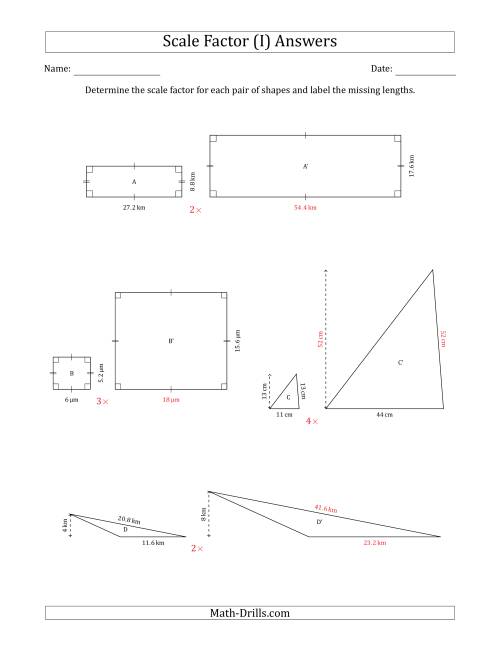 The Determine the Scale Factor Between Two Shapes and Determine the Missing Lengths (Whole Number Scale Factors) (I) Math Worksheet Page 2