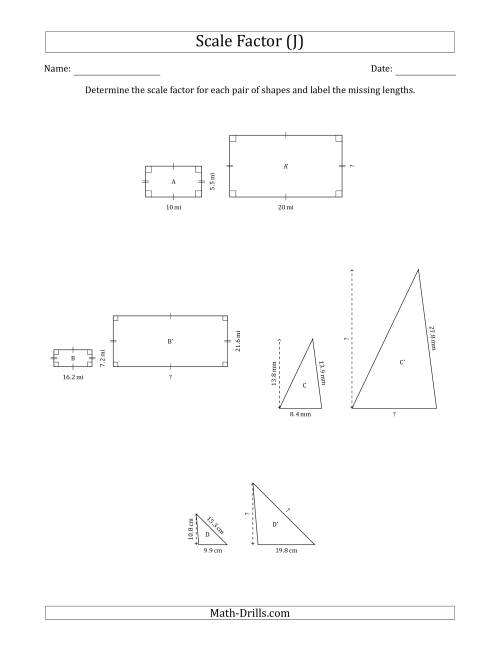 The Determine the Scale Factor Between Two Shapes and Determine the Missing Lengths (Whole Number Scale Factors) (J) Math Worksheet