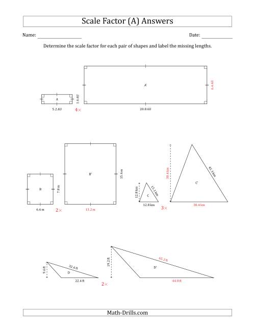 The Determine the Scale Factor Between Two Shapes and Determine the Missing Lengths (Whole Number Scale Factors) (All) Math Worksheet Page 2