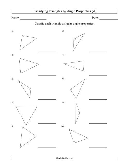 The Classifying Triangles by Angle Properties (Marks Included on Question Page) (A) Math Worksheet