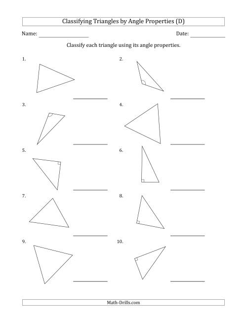 The Classifying Triangles by Angle Properties (Marks Included on Question Page) (D) Math Worksheet