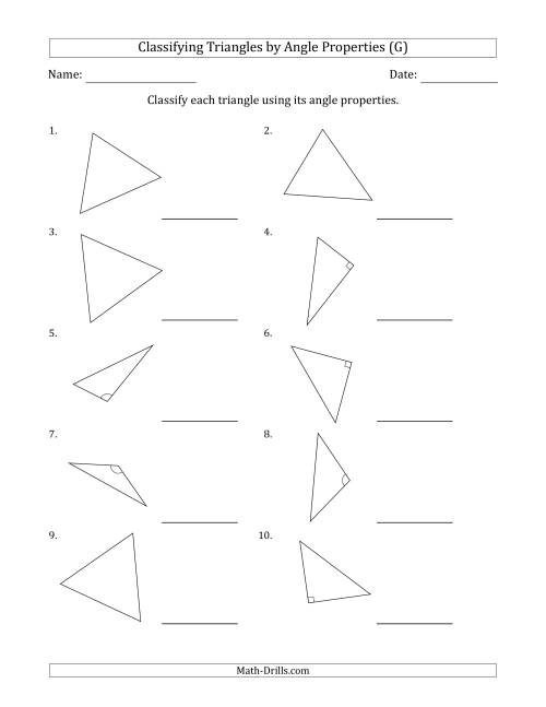 The Classifying Triangles by Angle Properties (Marks Included on Question Page) (G) Math Worksheet