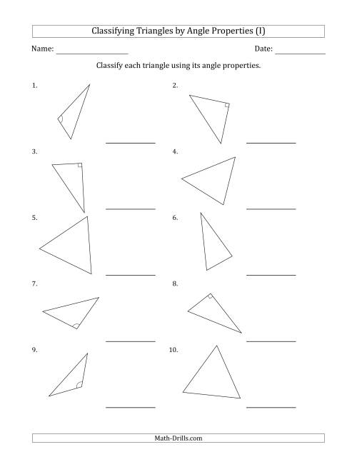 The Classifying Triangles by Angle Properties (Marks Included on Question Page) (I) Math Worksheet