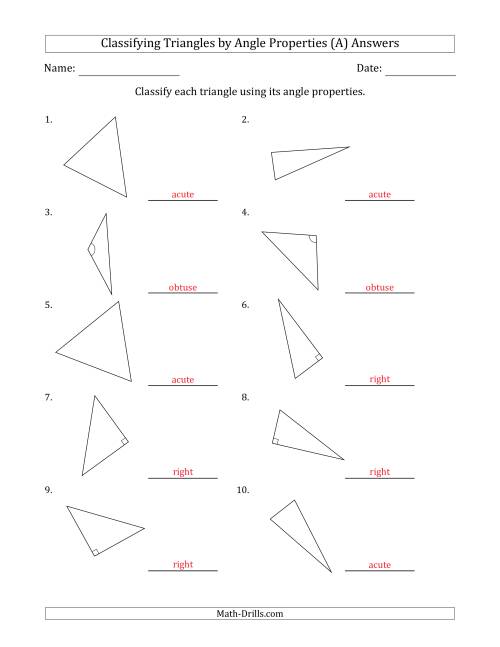 The Classifying Triangles by Angle Properties (No Marks on Question Page) (A) Math Worksheet Page 2