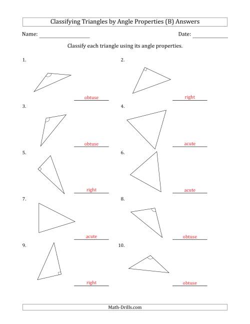 The Classifying Triangles by Angle Properties (No Marks on Question Page) (B) Math Worksheet Page 2