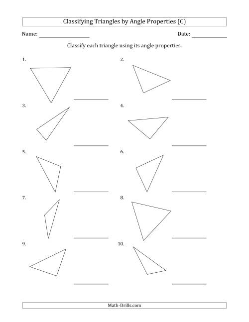 The Classifying Triangles by Angle Properties (No Marks on Question Page) (C) Math Worksheet