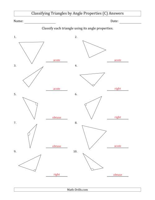 The Classifying Triangles by Angle Properties (No Marks on Question Page) (C) Math Worksheet Page 2