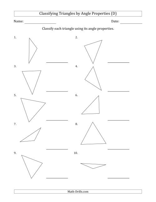 The Classifying Triangles by Angle Properties (No Marks on Question Page) (D) Math Worksheet