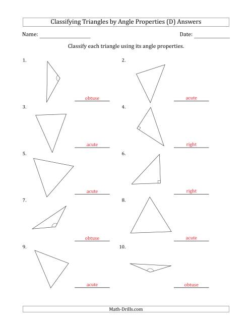 The Classifying Triangles by Angle Properties (No Marks on Question Page) (D) Math Worksheet Page 2
