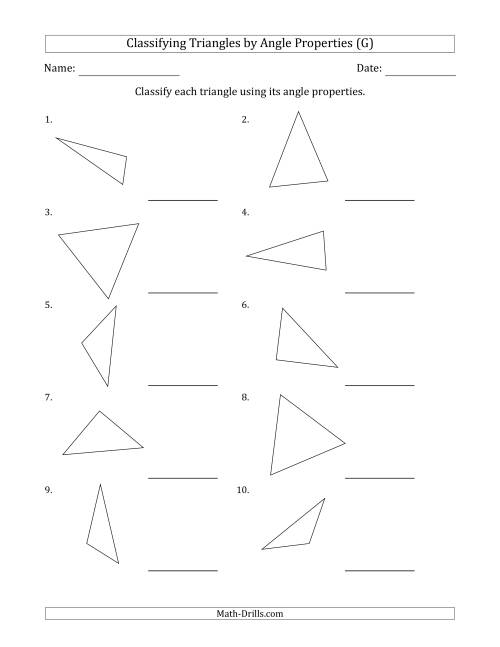 The Classifying Triangles by Angle Properties (No Marks on Question Page) (G) Math Worksheet