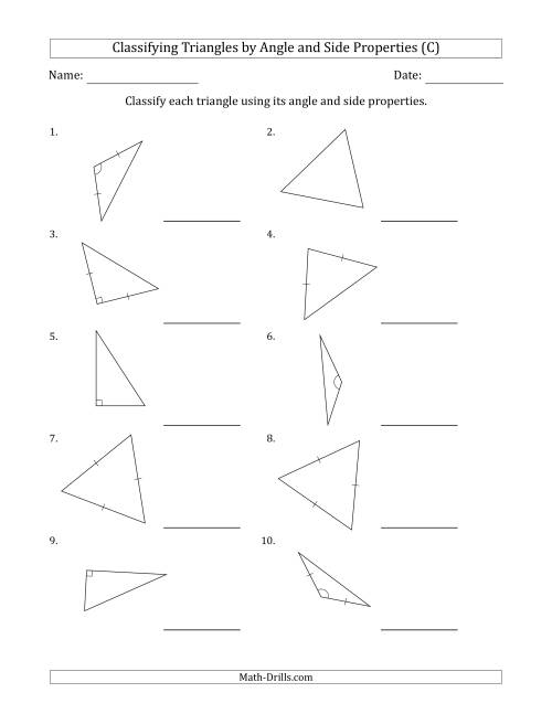 The Classifying Triangles by Angle and Side Properties (Marks Included on Question Page) (C) Math Worksheet