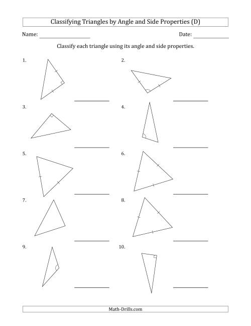 The Classifying Triangles by Angle and Side Properties (Marks Included on Question Page) (D) Math Worksheet