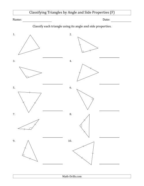 The Classifying Triangles by Angle and Side Properties (Marks Included on Question Page) (F) Math Worksheet