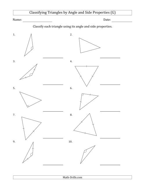 The Classifying Triangles by Angle and Side Properties (Marks Included on Question Page) (G) Math Worksheet