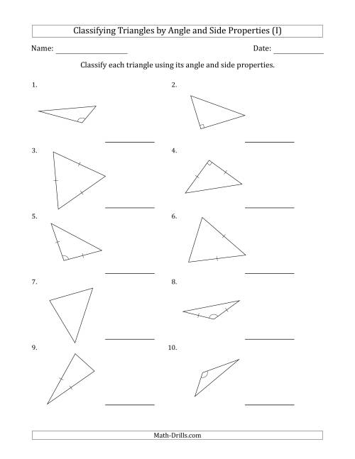 The Classifying Triangles by Angle and Side Properties (Marks Included on Question Page) (I) Math Worksheet