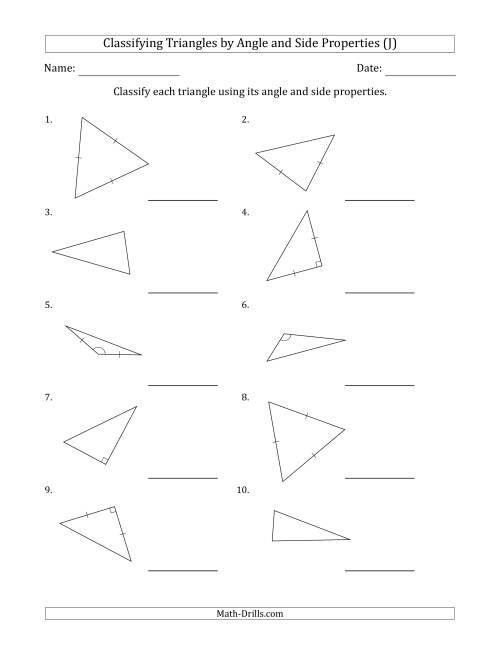 The Classifying Triangles by Angle and Side Properties (Marks Included on Question Page) (J) Math Worksheet