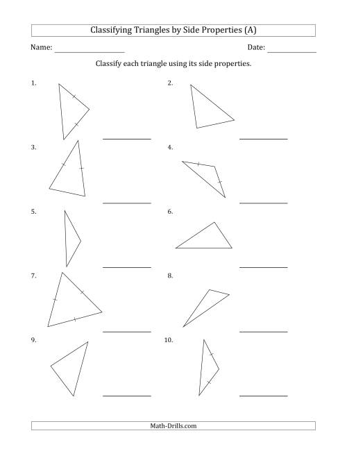 The Classifying Triangles by Side Properties (Marks Included on Question Page) (A) Math Worksheet