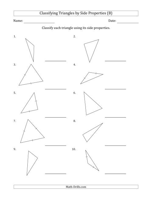 The Classifying Triangles by Side Properties (Marks Included on Question Page) (B) Math Worksheet