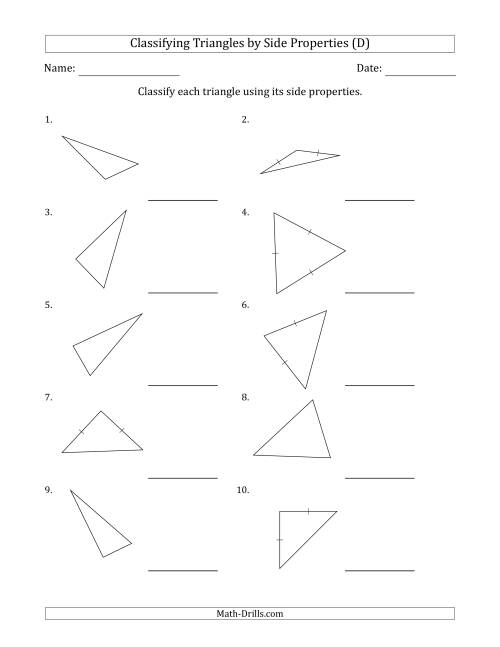 The Classifying Triangles by Side Properties (Marks Included on Question Page) (D) Math Worksheet
