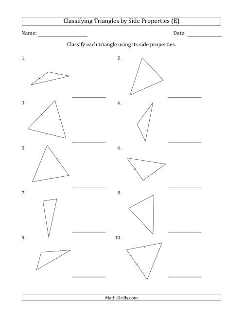 The Classifying Triangles by Side Properties (Marks Included on Question Page) (E) Math Worksheet