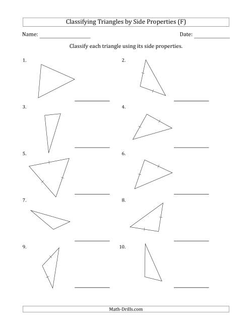 The Classifying Triangles by Side Properties (Marks Included on Question Page) (F) Math Worksheet