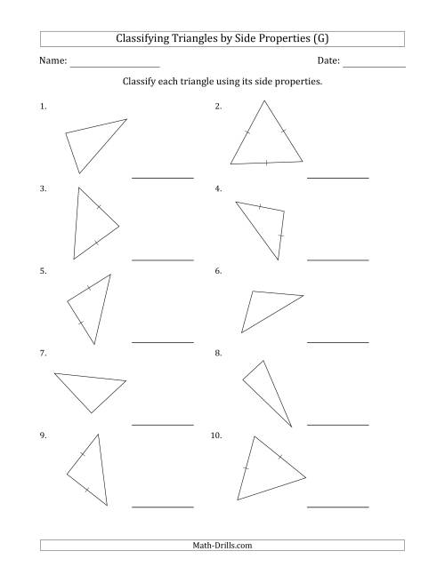 The Classifying Triangles by Side Properties (Marks Included on Question Page) (G) Math Worksheet