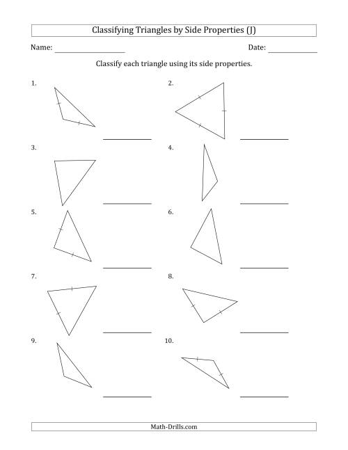 The Classifying Triangles by Side Properties (Marks Included on Question Page) (J) Math Worksheet