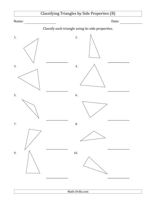The Classifying Triangles by Side Properties (No Marks on Question Page) (B) Math Worksheet