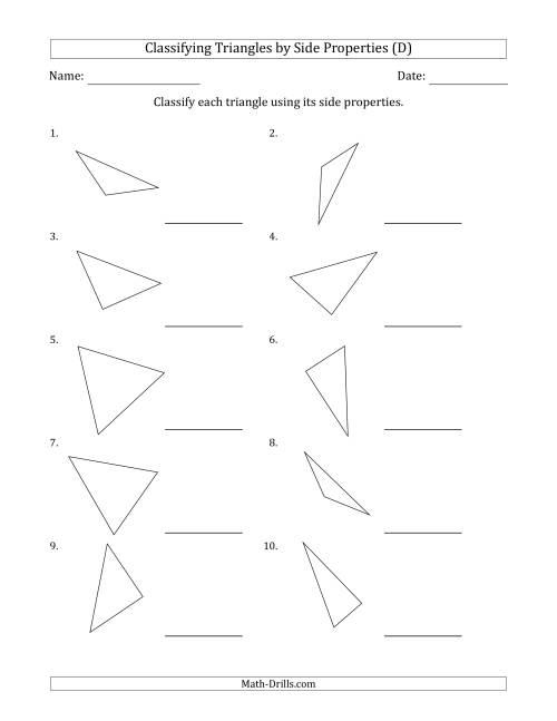 The Classifying Triangles by Side Properties (No Marks on Question Page) (D) Math Worksheet