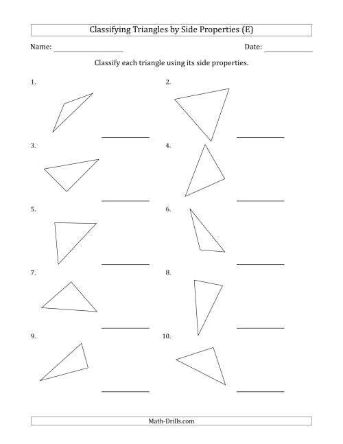 The Classifying Triangles by Side Properties (No Marks on Question Page) (E) Math Worksheet