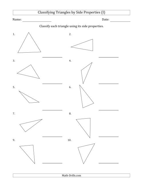 The Classifying Triangles by Side Properties (No Marks on Question Page) (I) Math Worksheet
